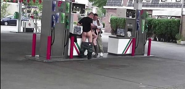  Very pregnant girl is fucking 2 guys at a PUBLIC gas station